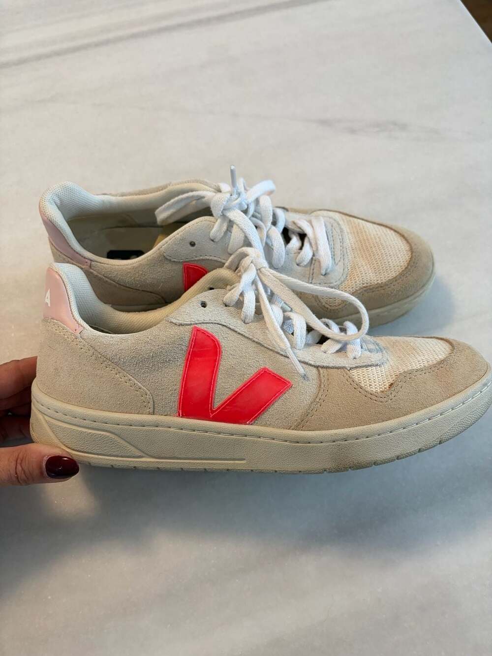 Veja V-10 Suede Sneakers Size 8 Natural Rose Fluo